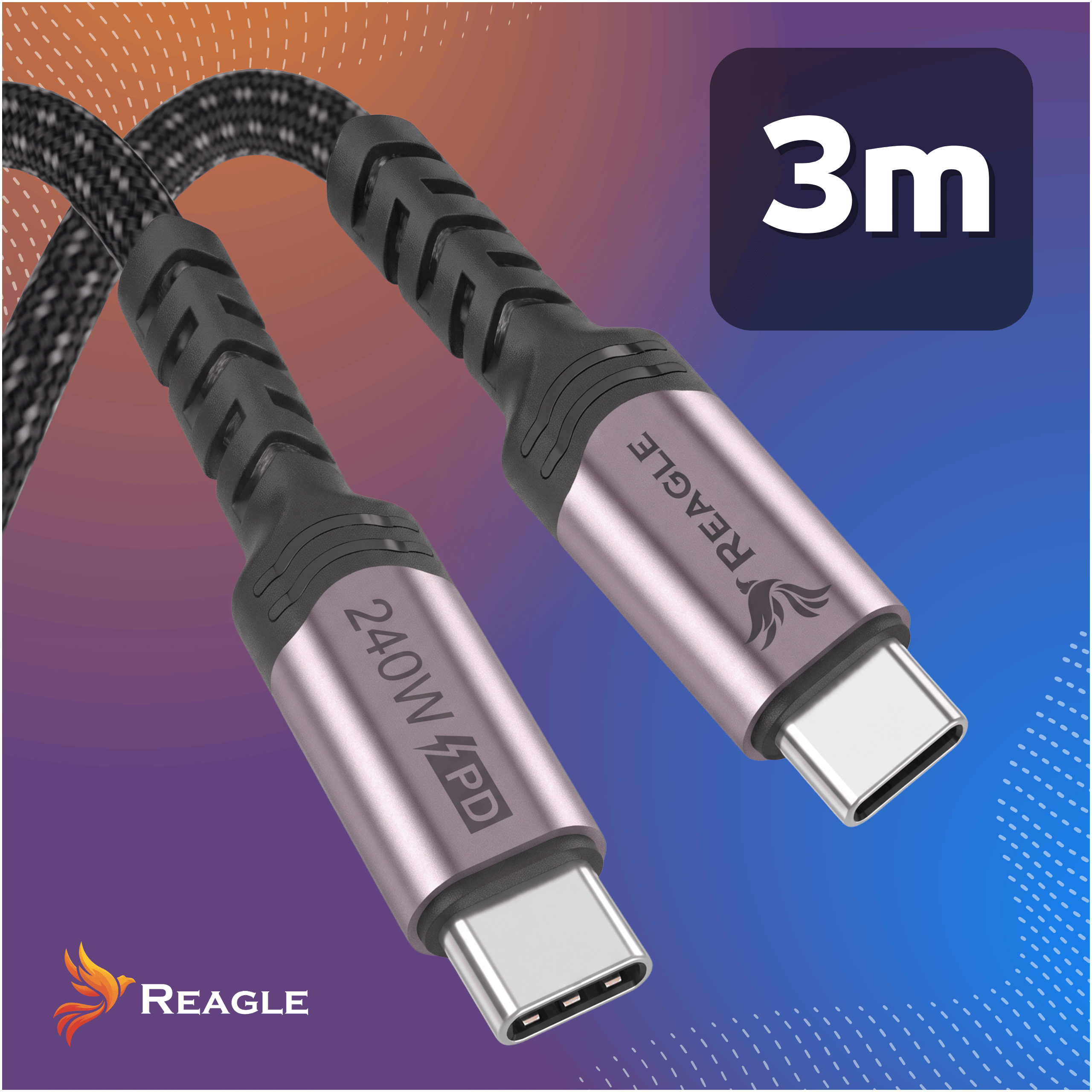 Ein geflochtenes USB-C zu USB-C Kabel mit 240W Leistung, grauem Metallgehäuse und einer 3m Längenangabe oben rechts.
