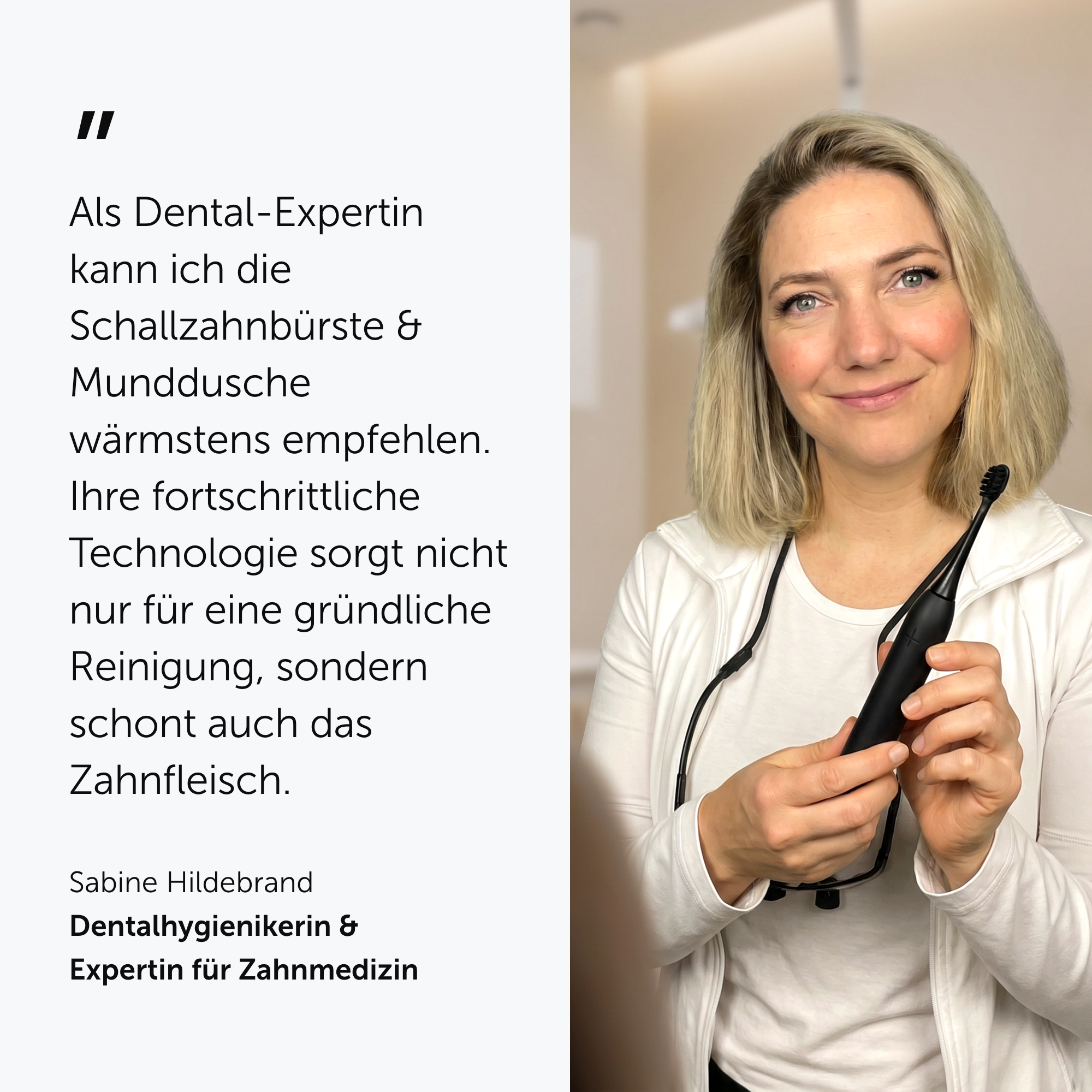 Eine Frau in weißer Kleidung hält eine schwarze elektrische Zahnbürste in den Händen, mit Text auf der linken Seite.