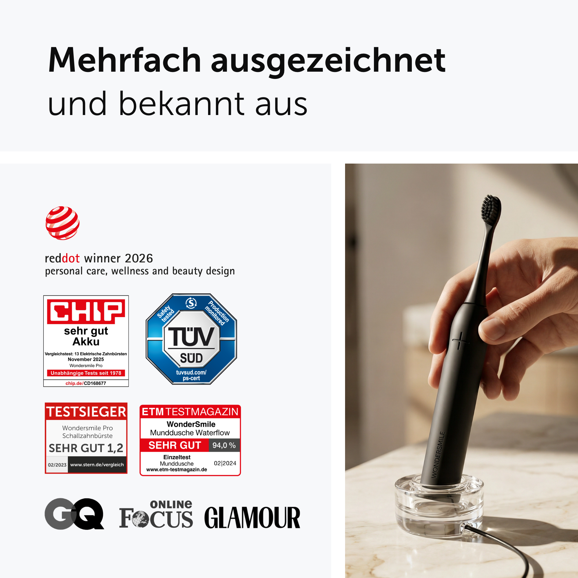 Ein Bild mit Auszeichnungen und einer Hand, die eine schwarze elektrische Zahnbürste in eine Ladestation stellt.