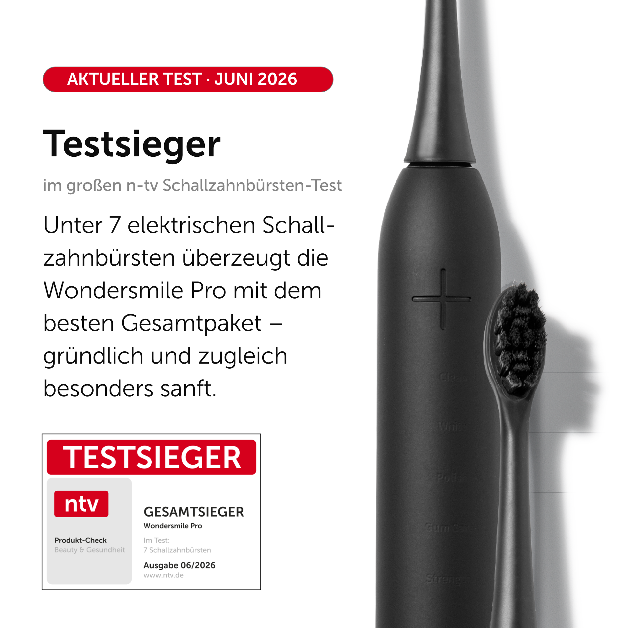 Eine schwarze elektrische Zahnbürste neben deutschem Text über den Sieg bei einem n-tv Produkttest.