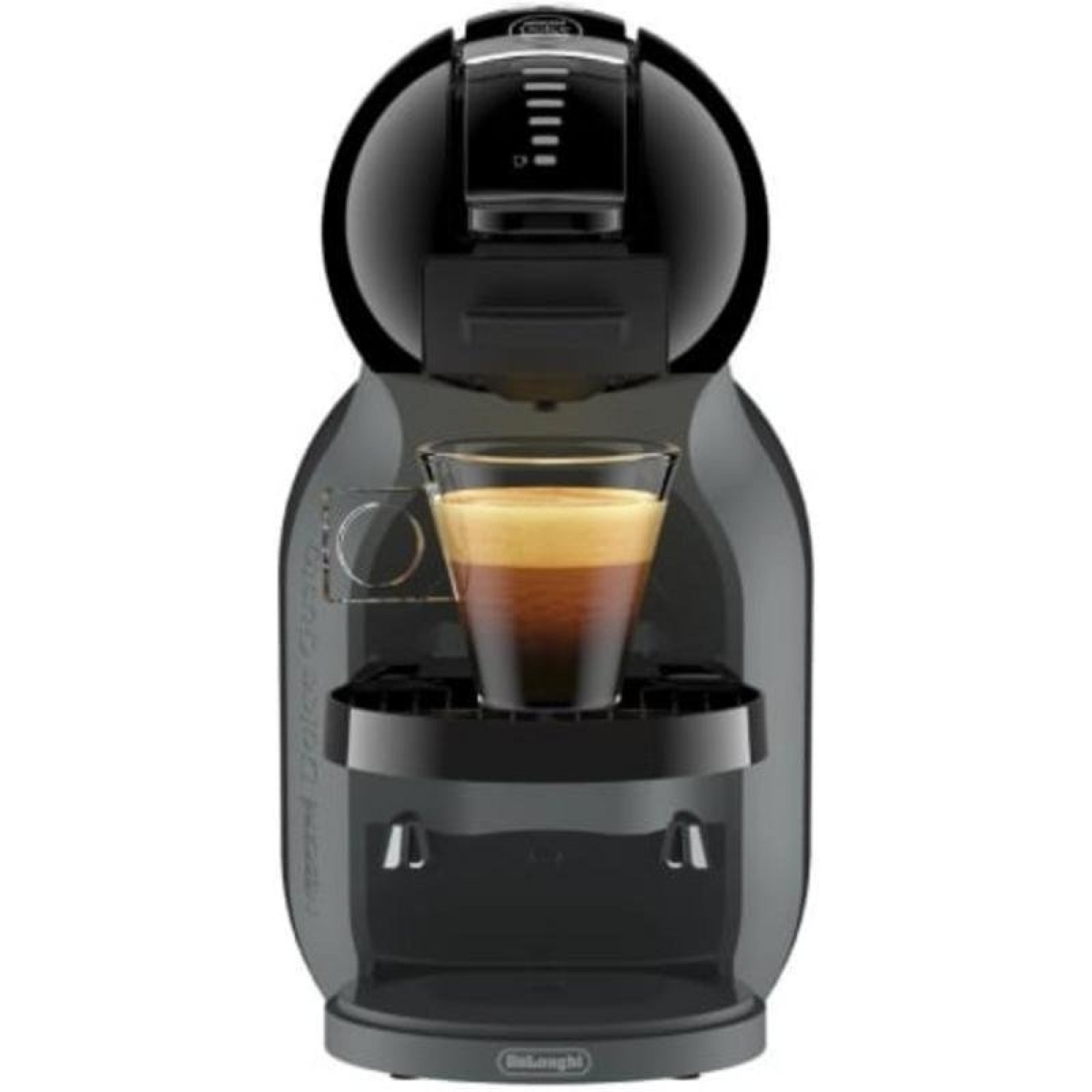 Una cafetera De'Longhi negra con un vaso de espresso en la bandeja antigoteo.