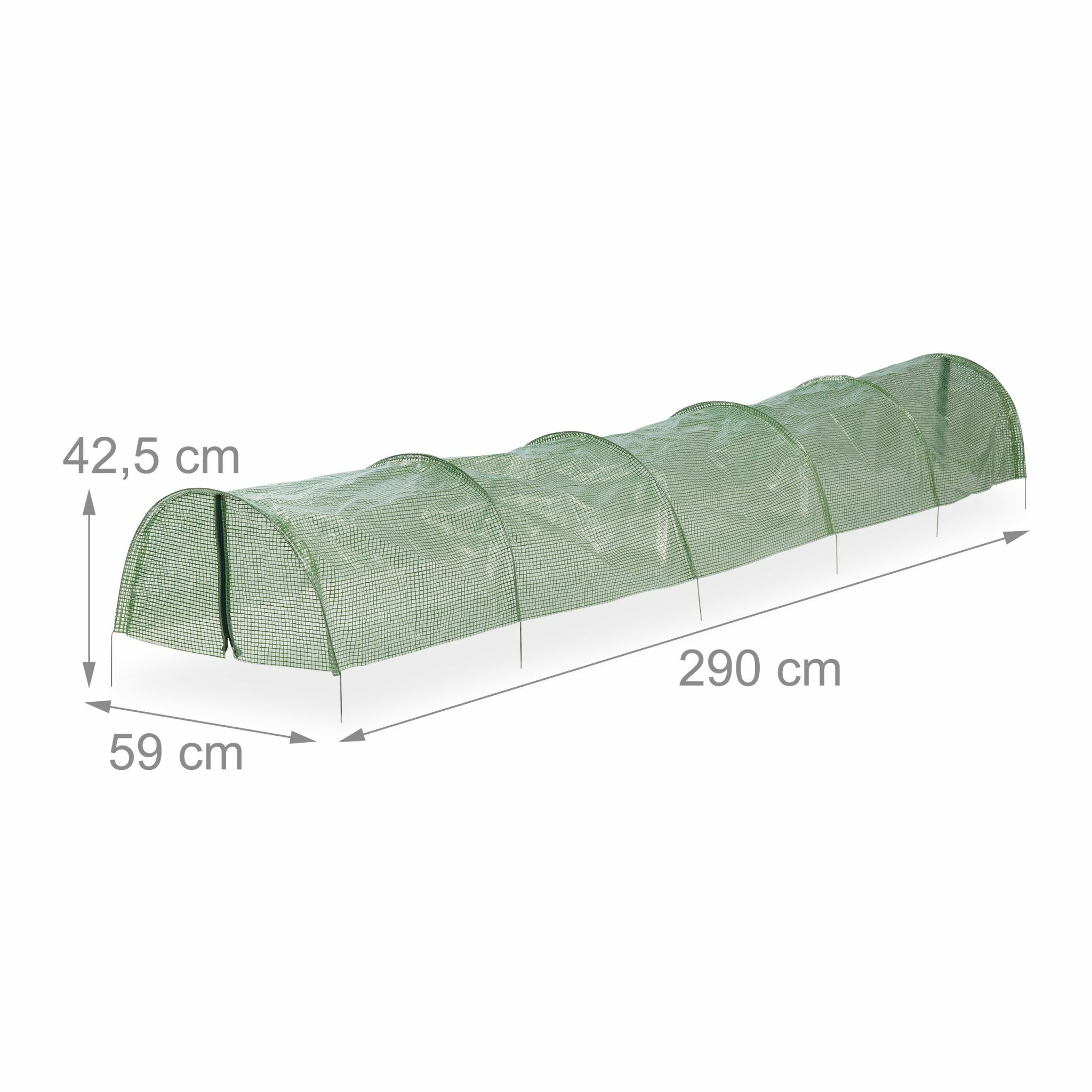 Langer, grüner Folientunnel mit Maßen: 290 cm lang, 59 cm breit, 42,5 cm hoch.