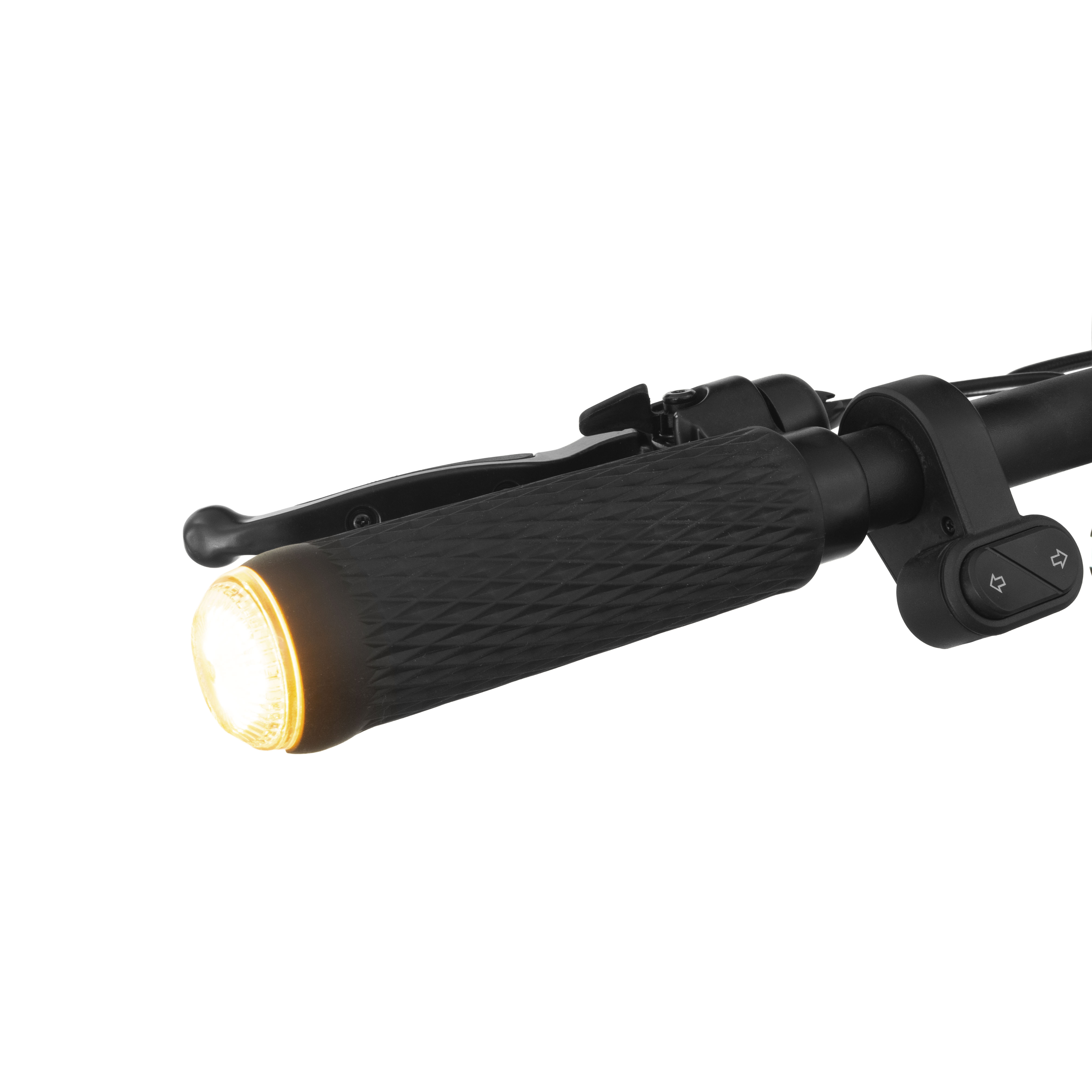 Puño de manillar de patinete eléctrico negro con intermitente amarillo brillante integrado.