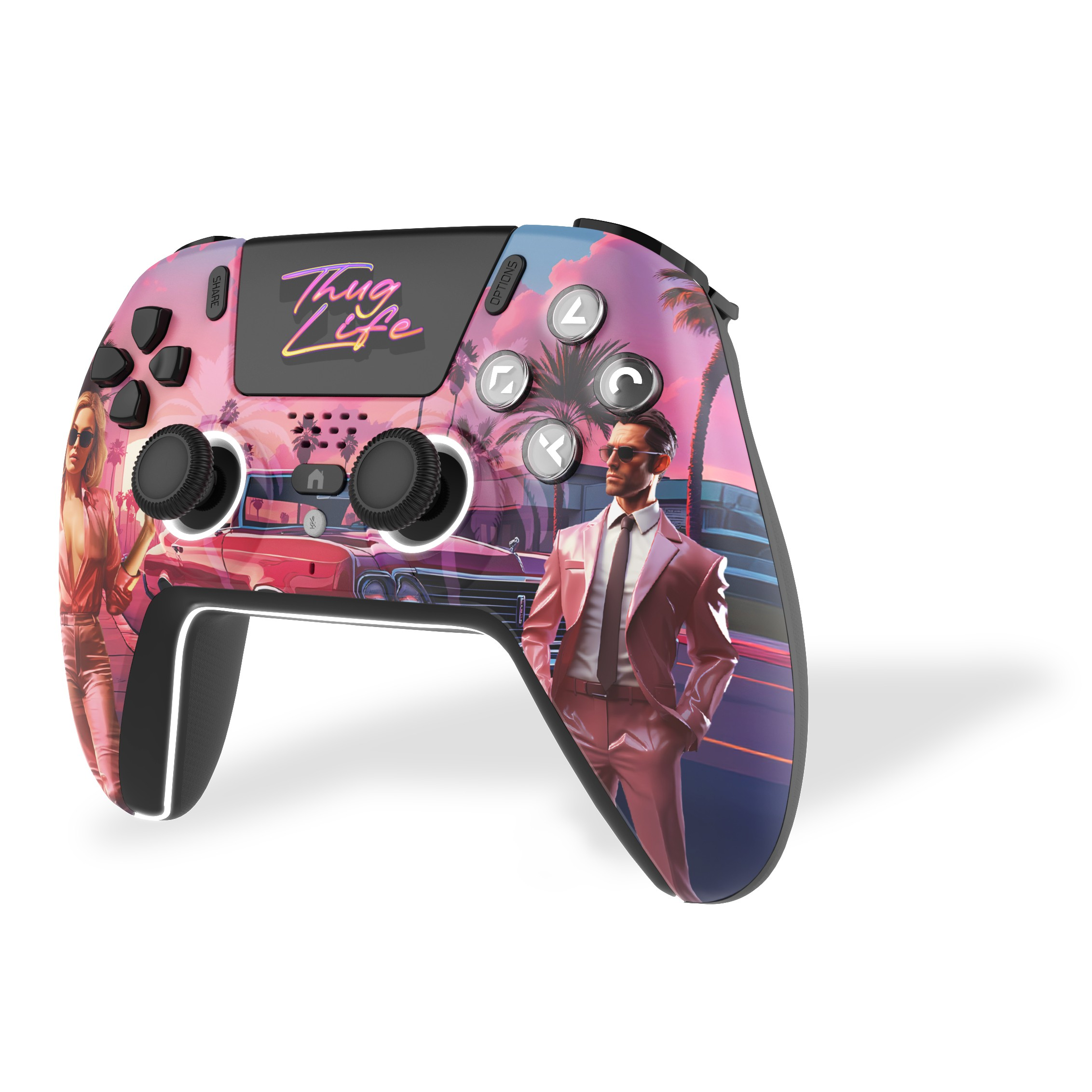 Un controller con tramonto retro rosa, palme, un'auto classica e personaggi in abito.