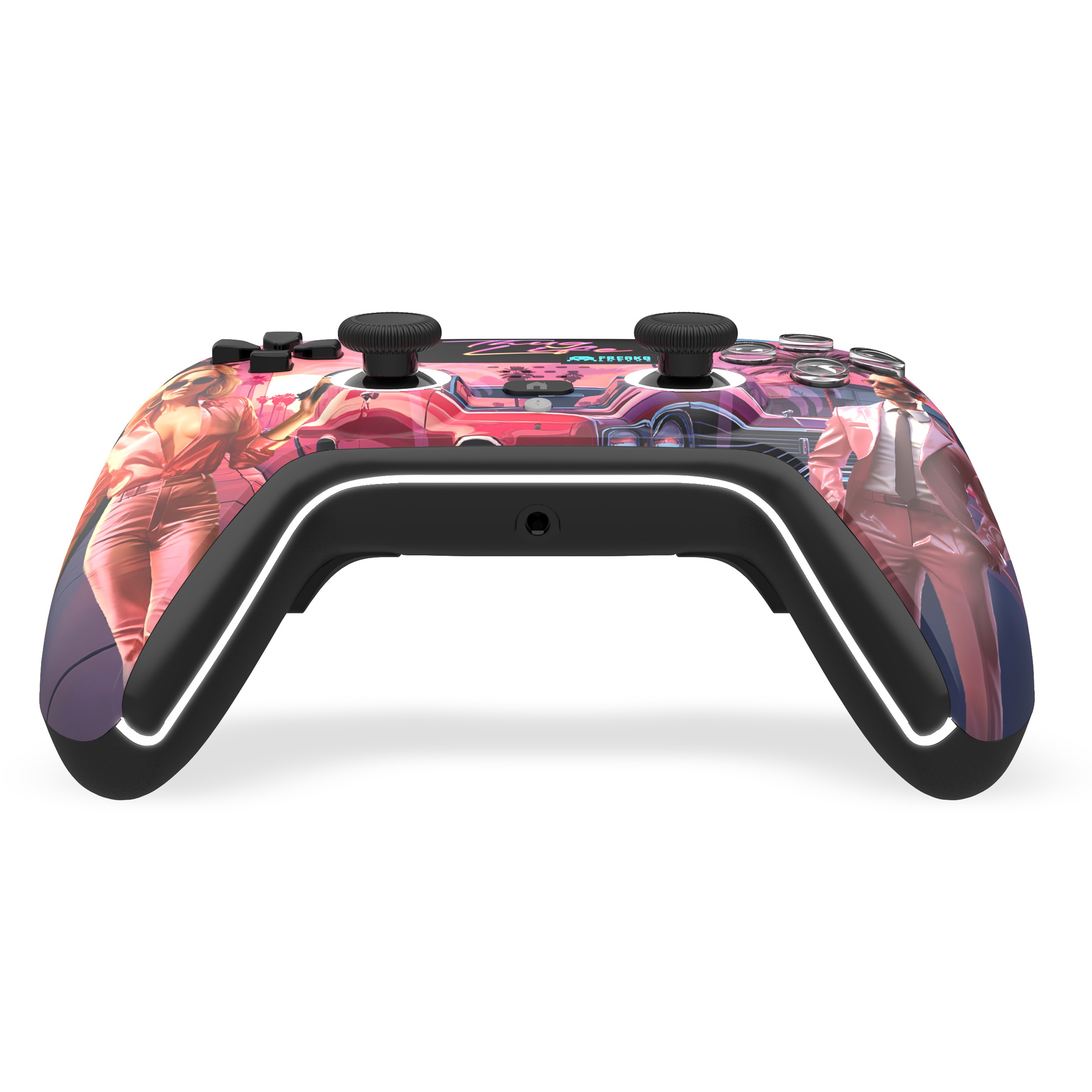 Un controller per videogiochi con design retrowave con auto rosa.
