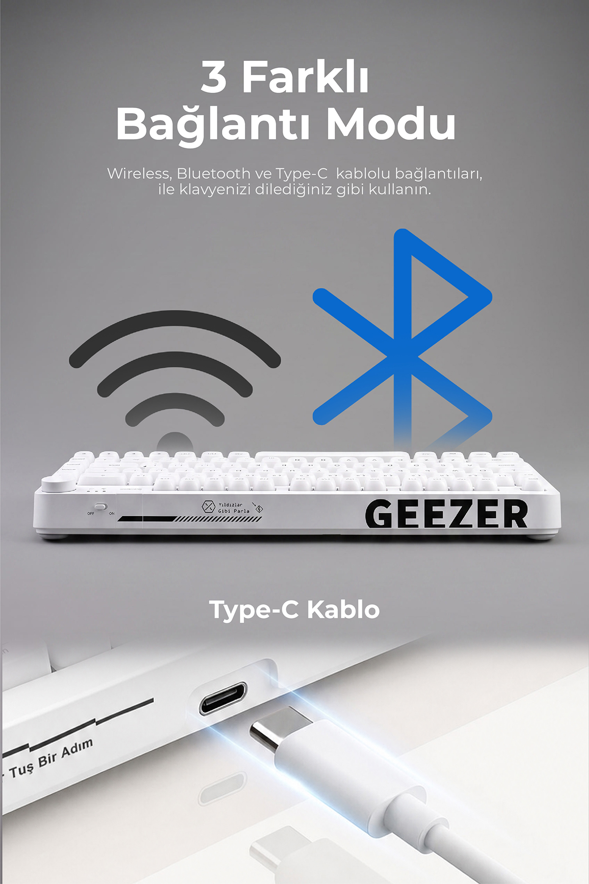Kablosuz, Bluetooth ve Type-C bağlantı modlarına sahip beyaz Geezer klavye.