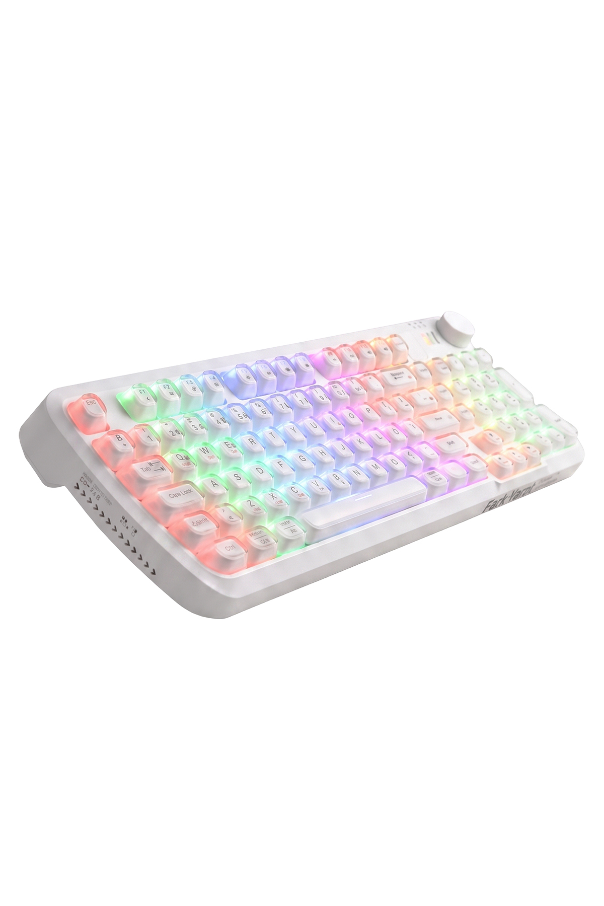 Beyaz arkaplanda renkli RGB arkadan aydınlatmalı beyaz mekanik klavye.