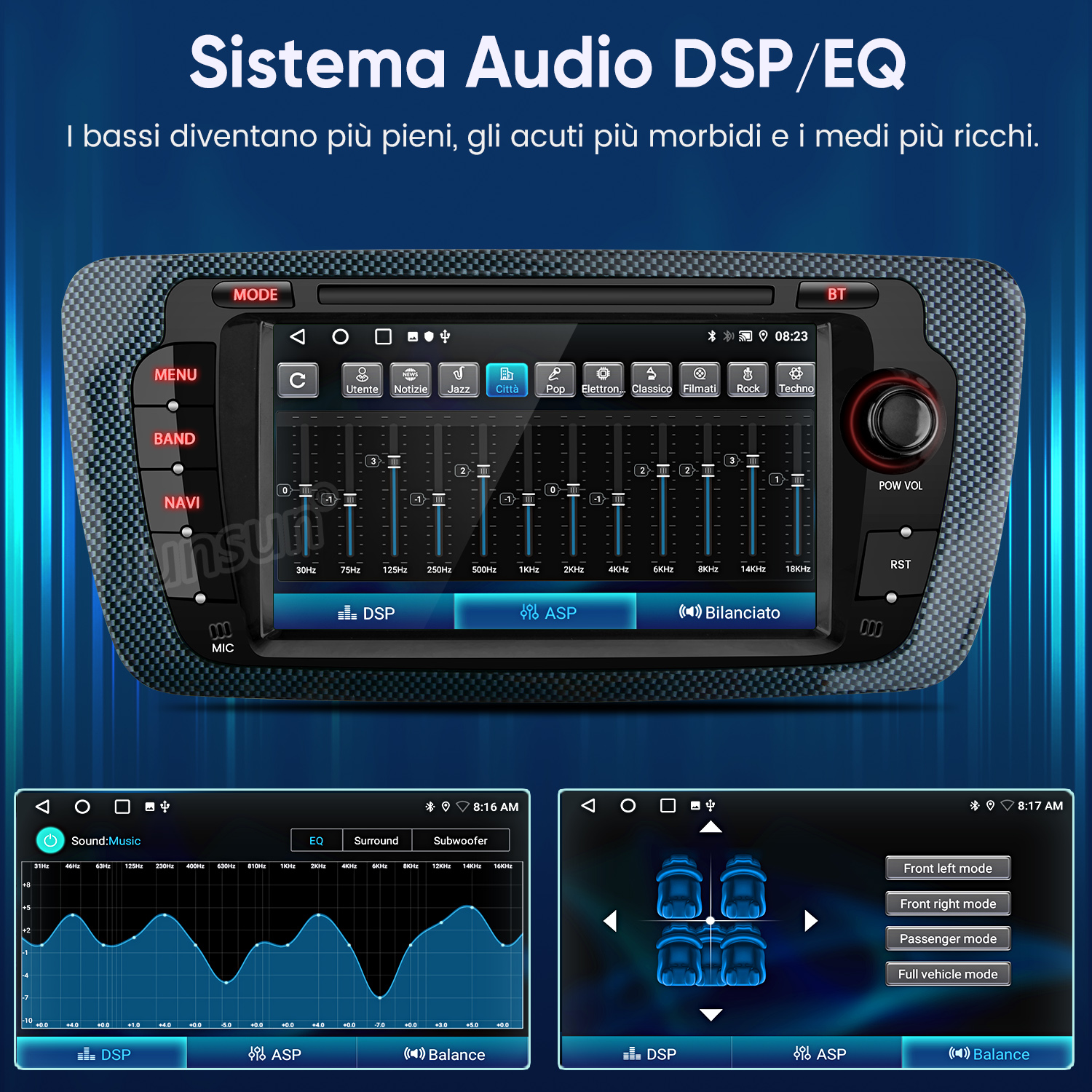 Sistema audio per auto con interfacciaequalizzatore DSP che mostra cursori e impostazioni audio.