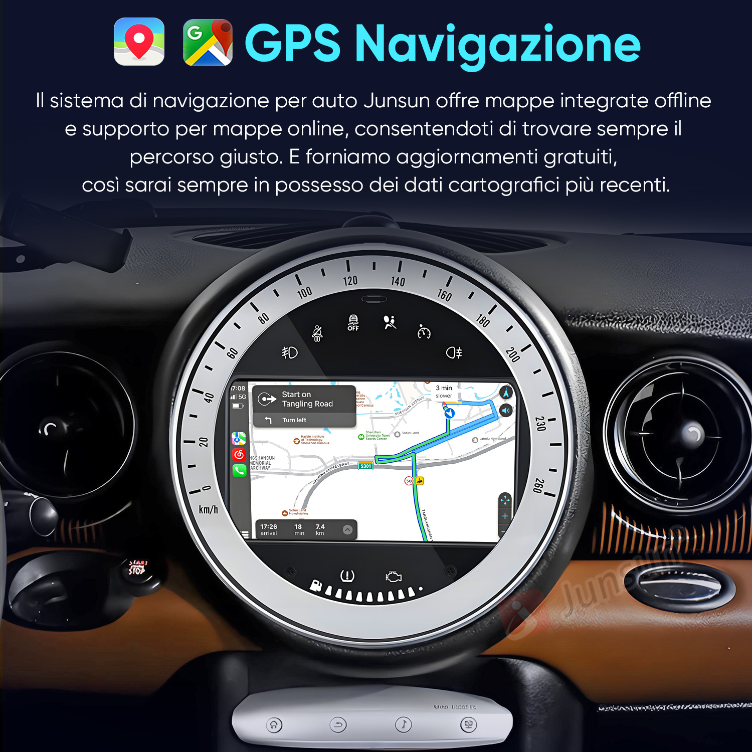Sistema di navigazione per auto con mappa GPS nel tachimetro.