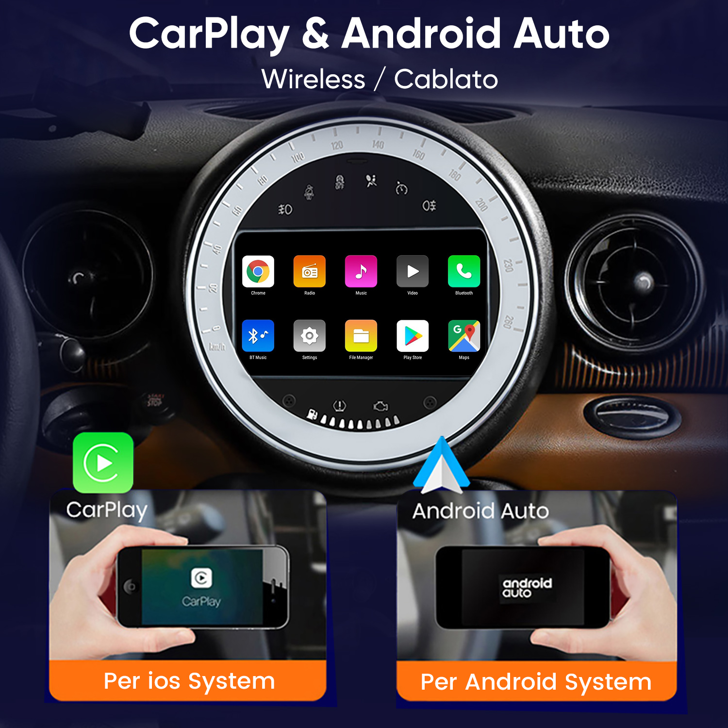 Cruscotto auto con schermo tondo e app, e mani che tengono telefoni per CarPlay e Android Auto.
