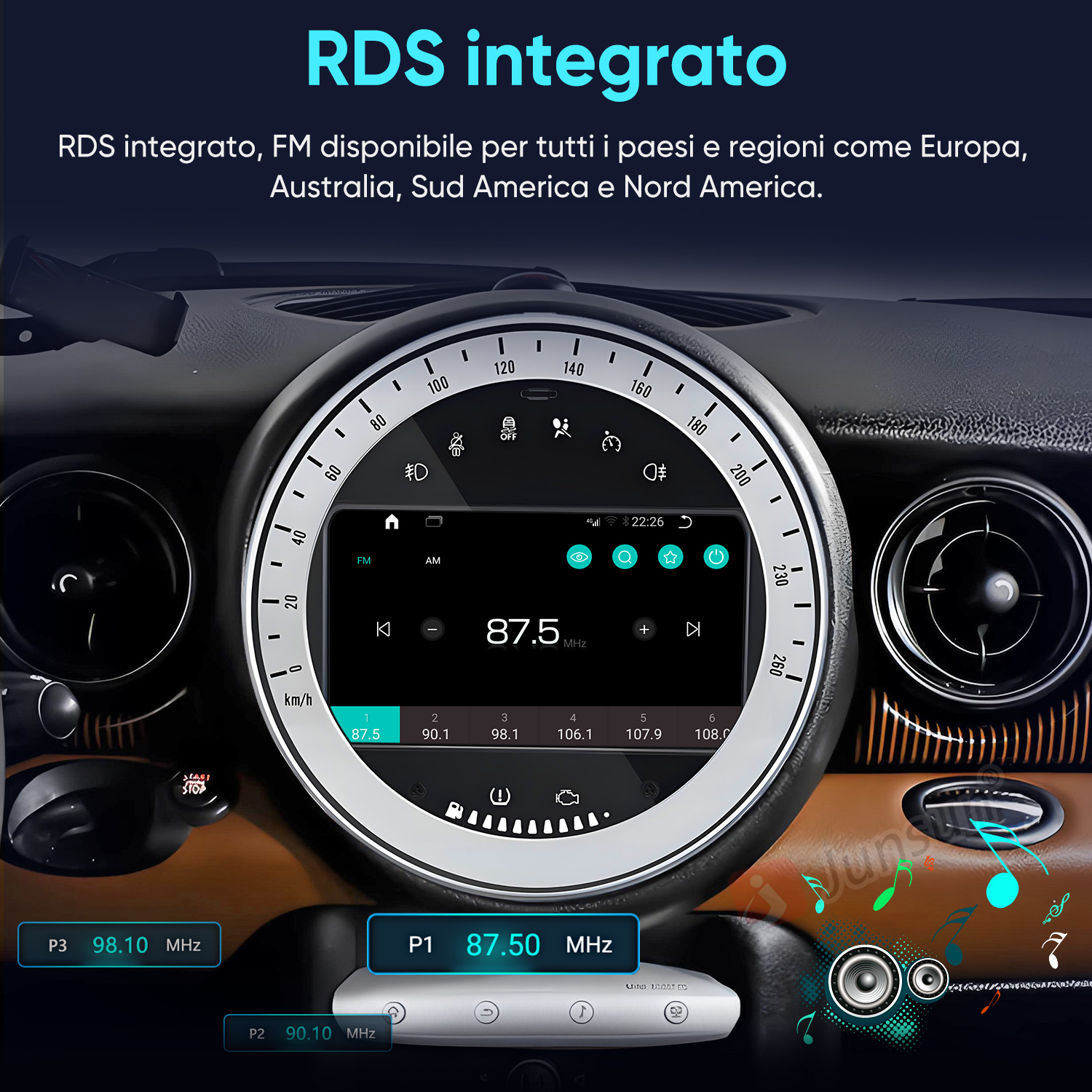 Schermo audio per auto che mostra una frequenza radio di 87,5 MHz all'interno dell'abitacolo.
