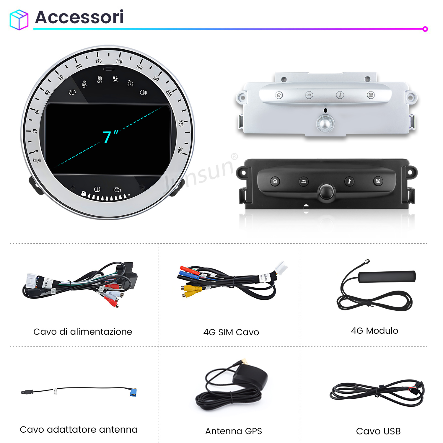 Panoramica del prodotto che mostra un display rotondo, parti della console e vari cavi.