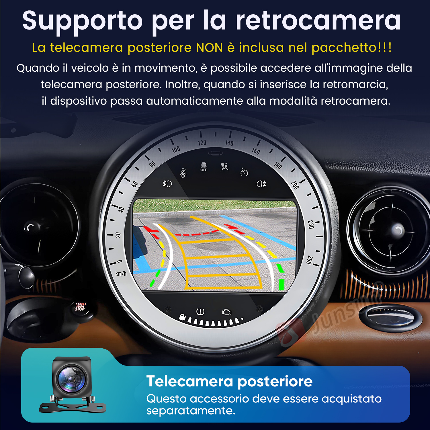 Interni auto con display circolare sul cruscotto che mostra la vista della telecamera posteriore.