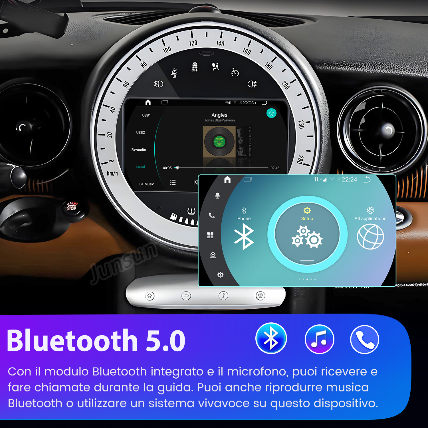 Schermo di infotainment per auto in stile retro con menu Bluetooth e impostazioni.