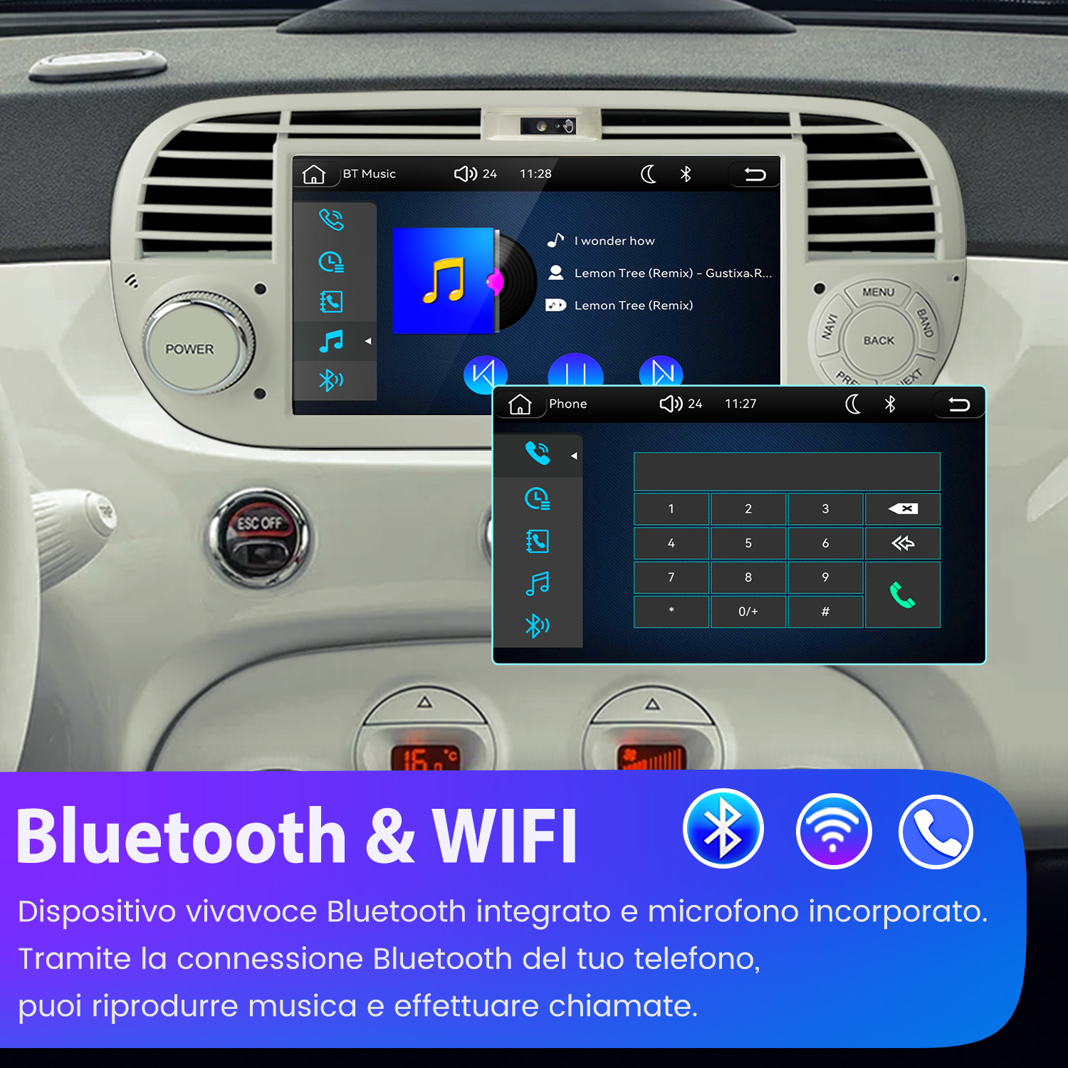Cruscotto auto con display touchscreen per musica e chiamate Bluetooth.