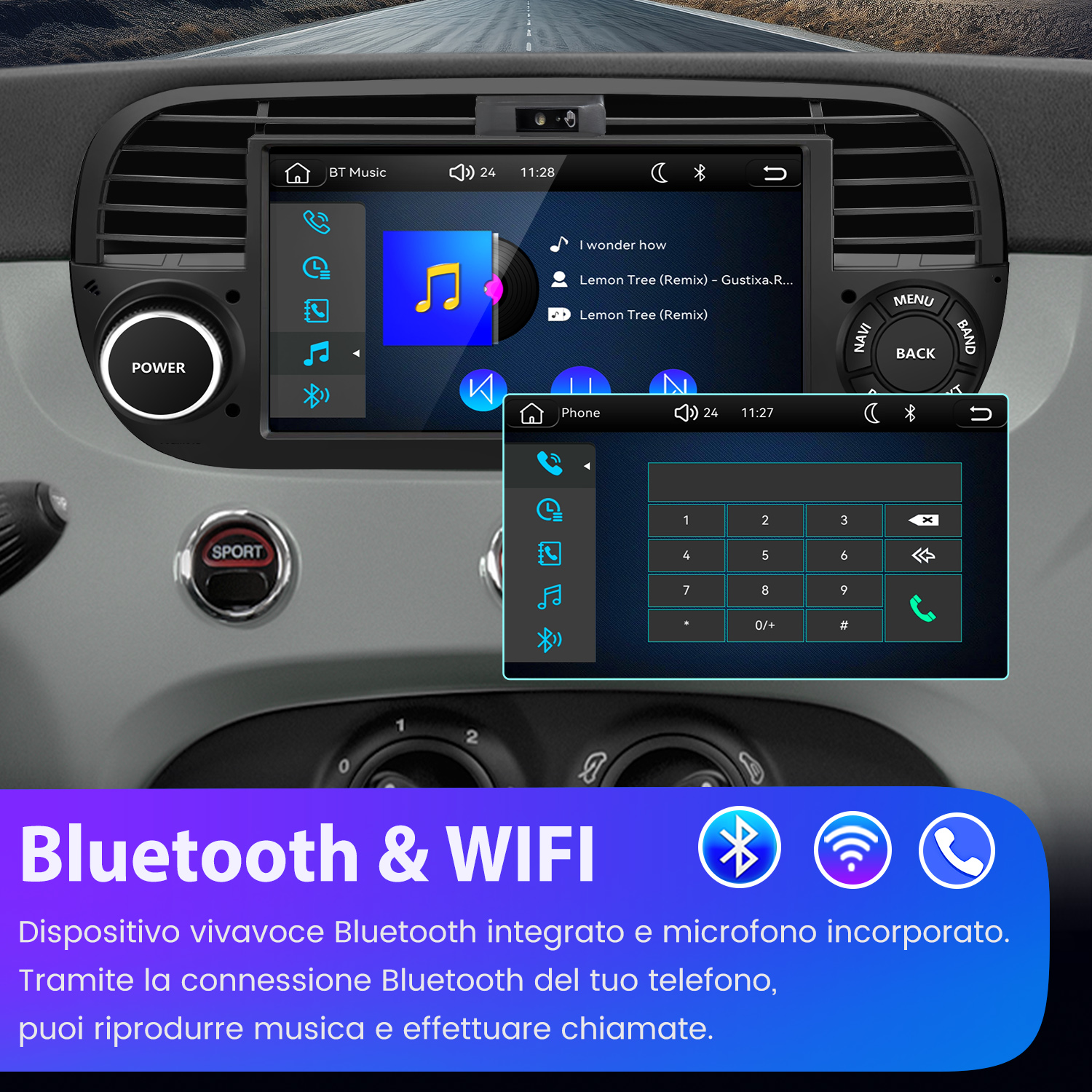 Display autoradio con funzioni Bluetooth, Wi-Fi e telefono sul cruscotto.
