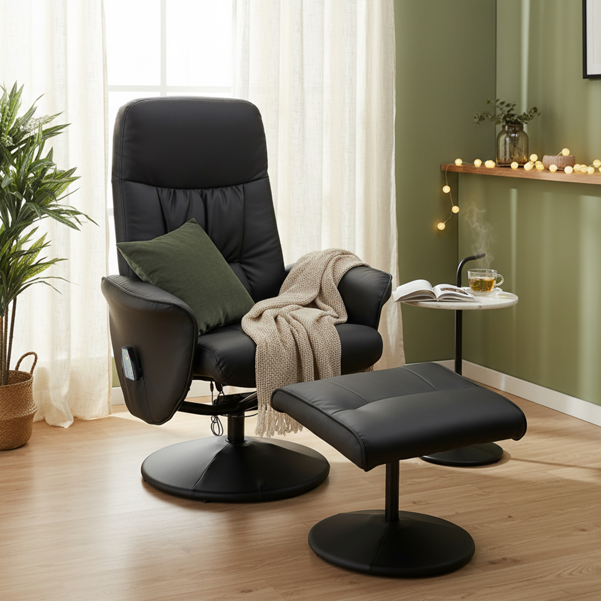 Una poltrona reclinabile in pelle nera con poggiapiedi, cuscino verde e coperta beige in una stanza accogliente.
