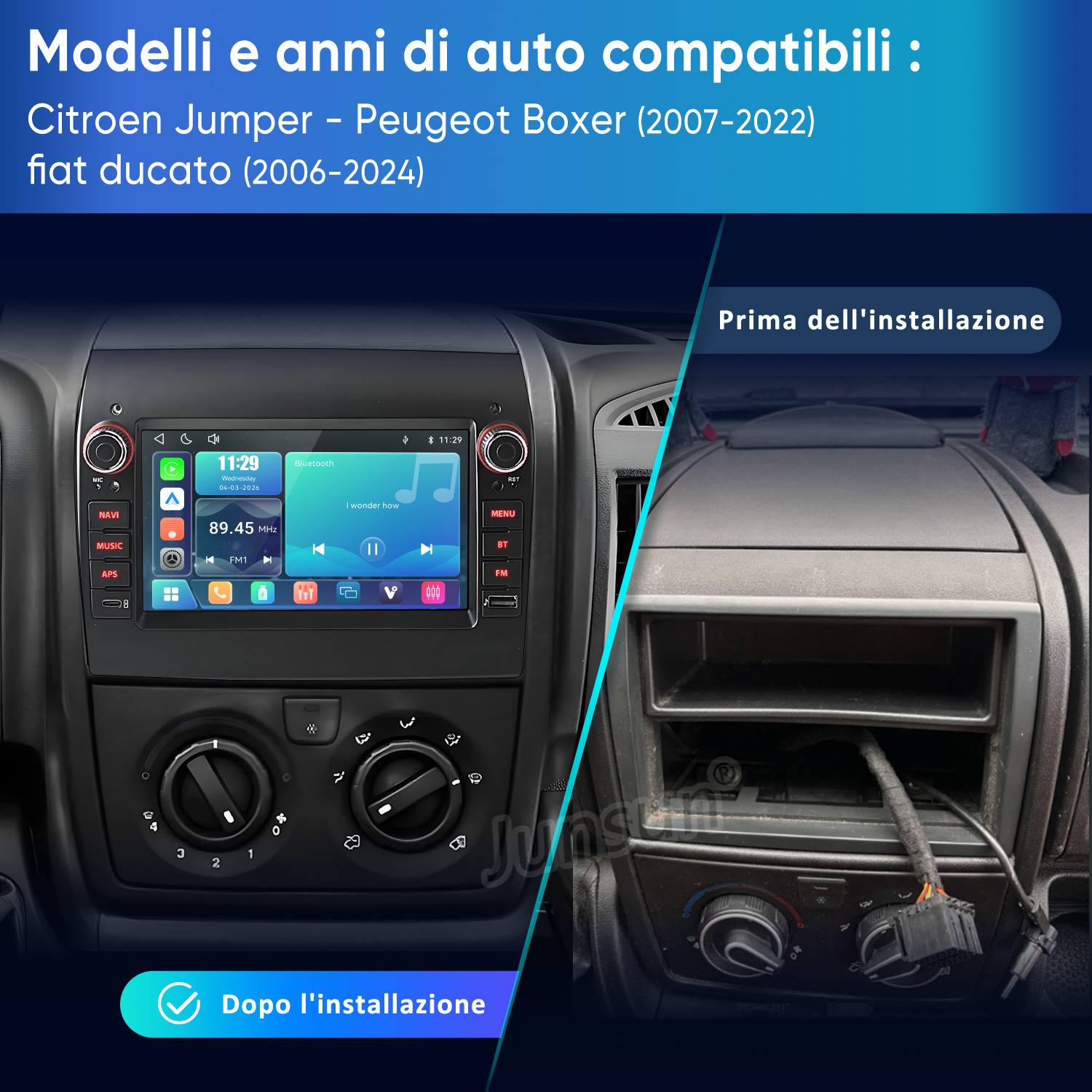 Confronto di un cruscotto prima e dopo l'installazione di una nuova autoradio.