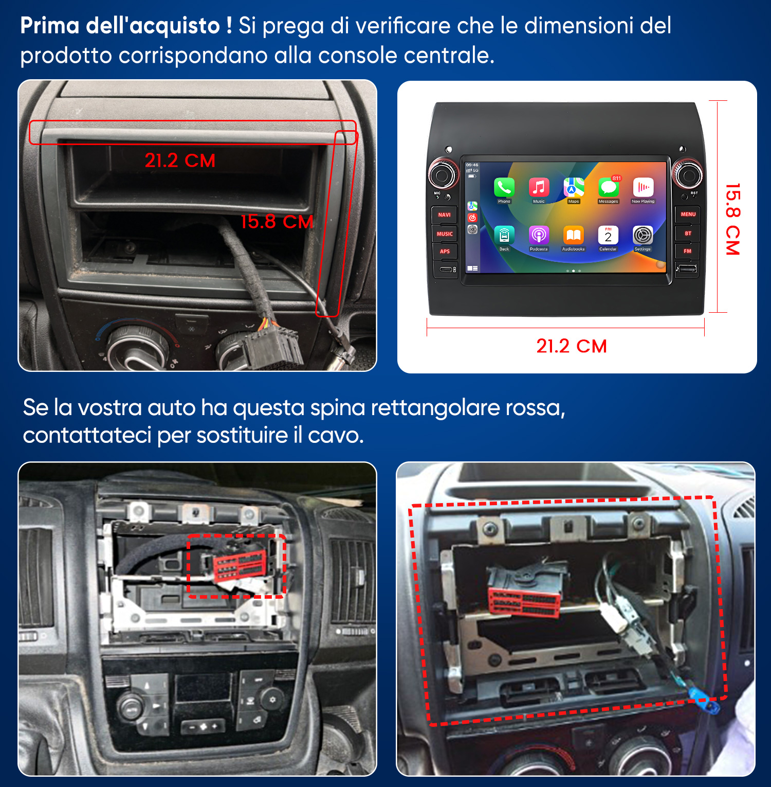 Dimensioni dei pezzi auto e installazione del cruscotto con connettore rosso e sistema multimediale.