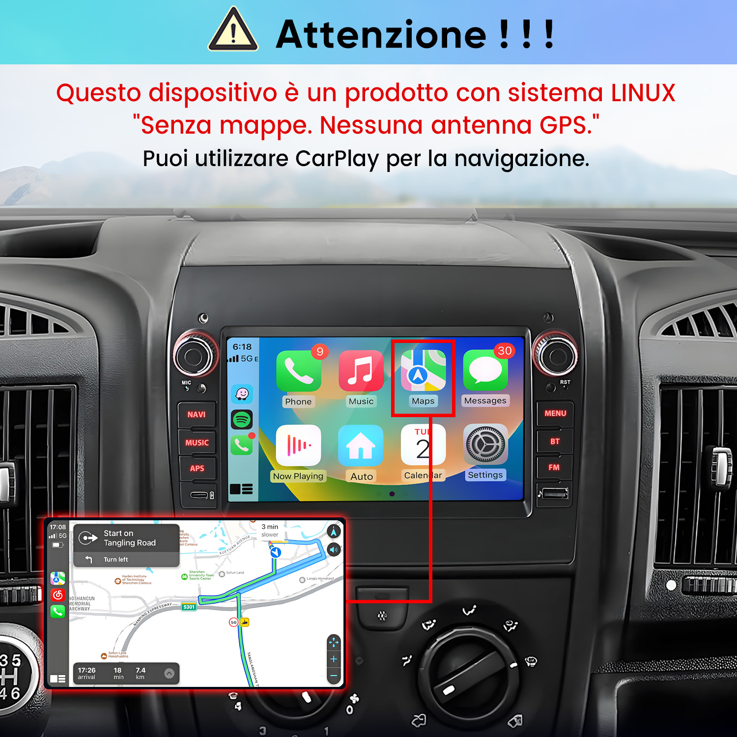 Autoradio Linux con menu CarPlay e avviso di assenza mappe integrate.