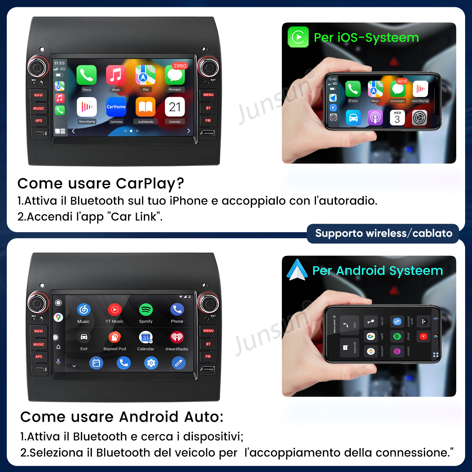 Istruzioni per l'uso di CarPlay e Android Auto su un sistema multimediale per auto.