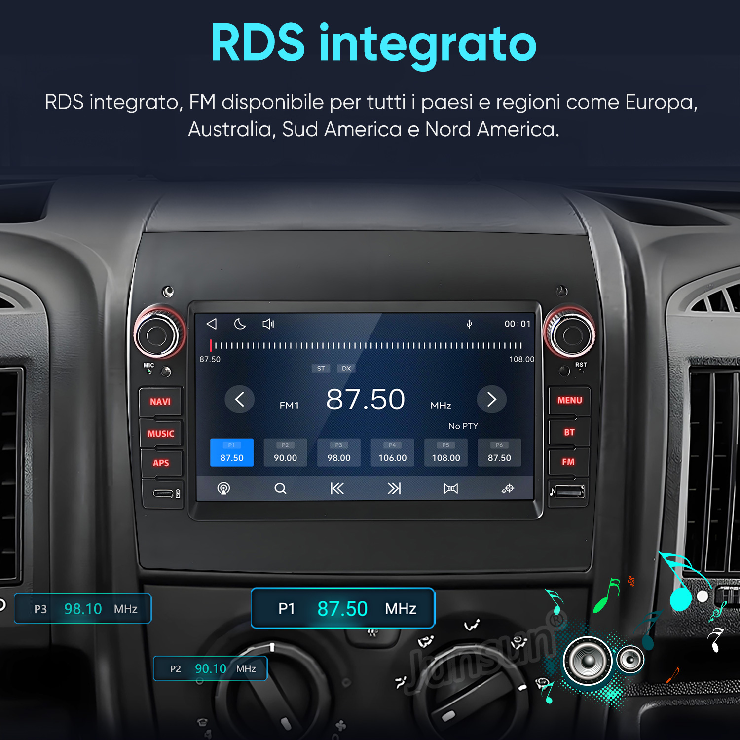 Un sistema audio per auto mostra la stazione radio 87.50 MHz sullo schermo.