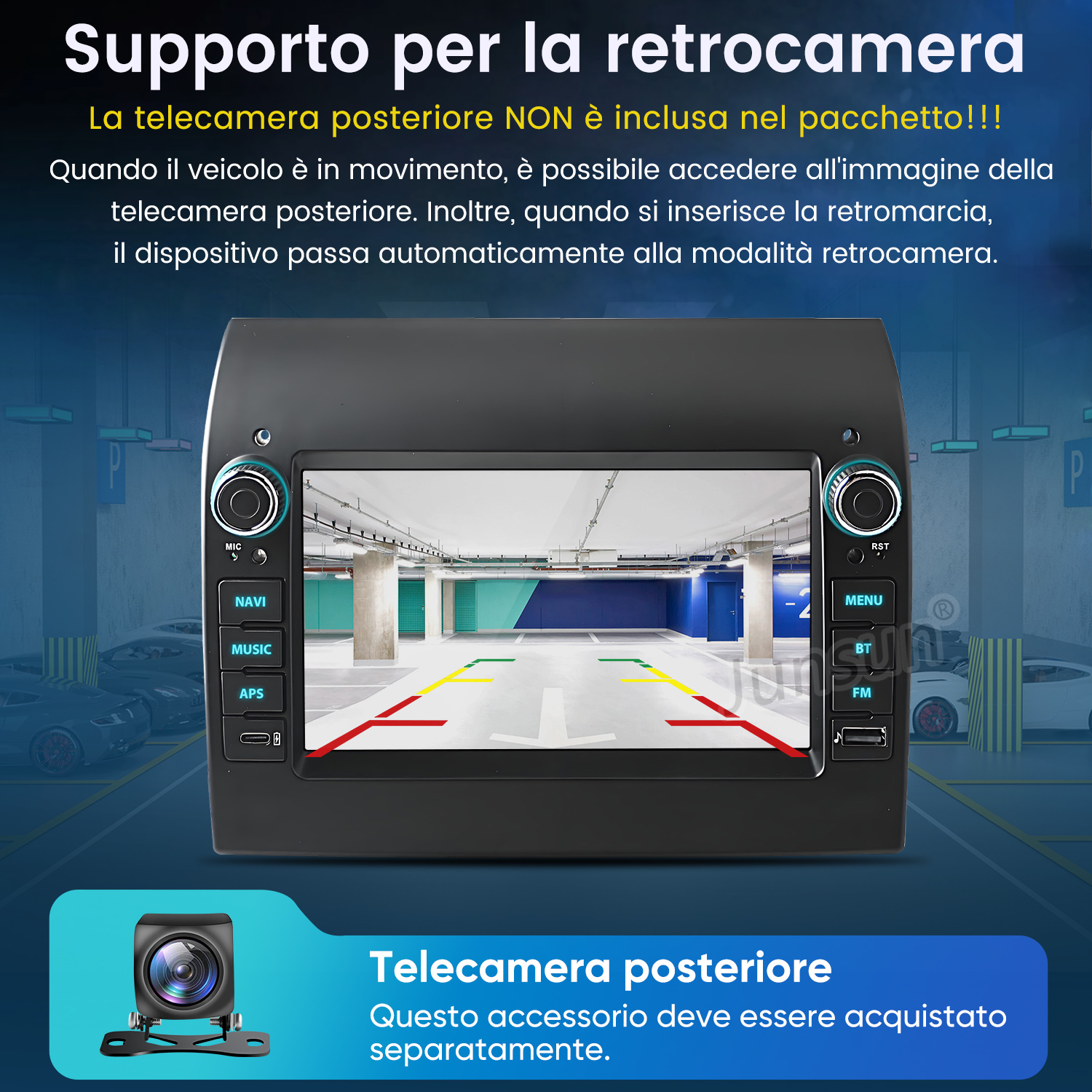 Autoradio che mostra la vista di un garage con linee guida di parcheggio.