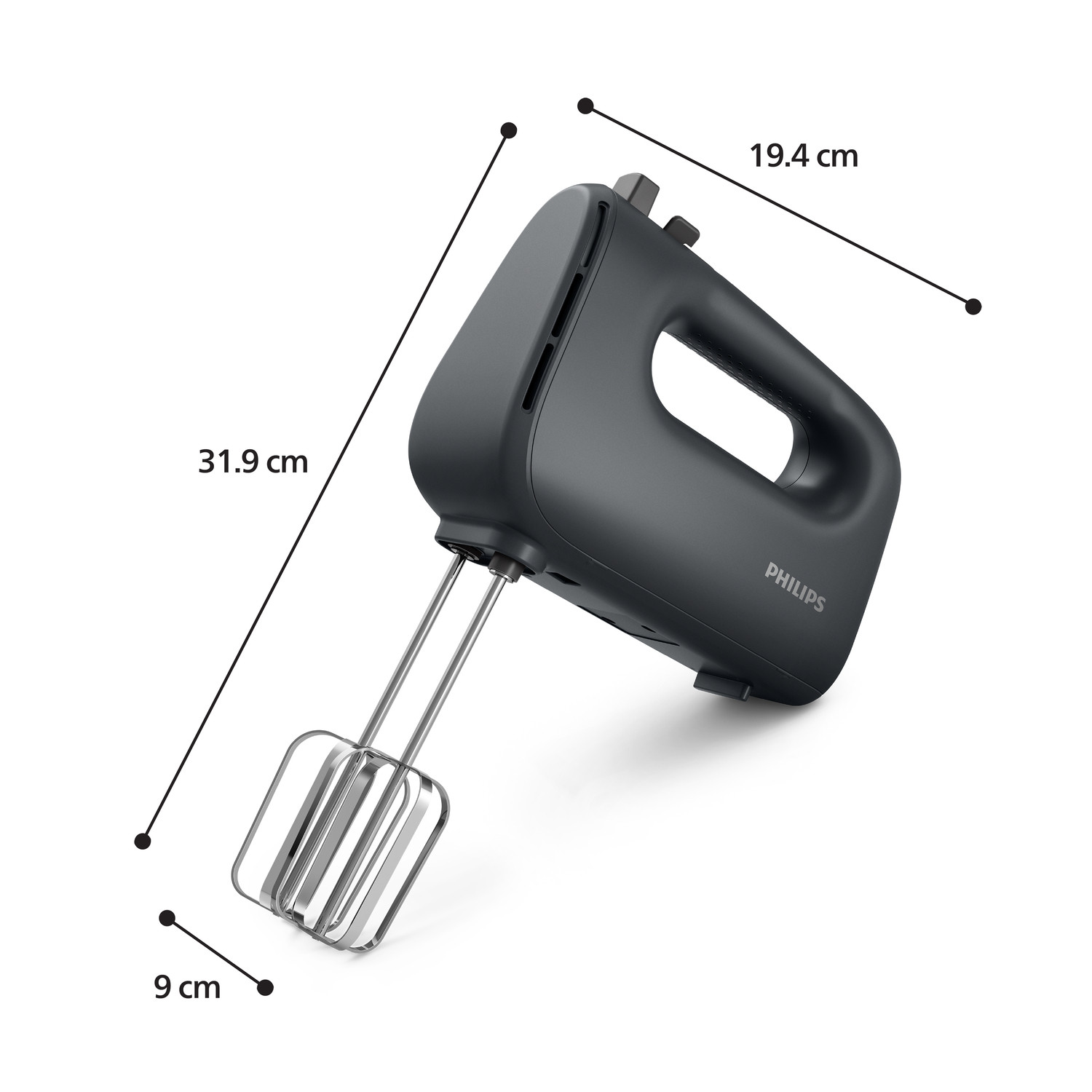 Sbattitore elettrico Philips grigio con due fruste e dimensioni.