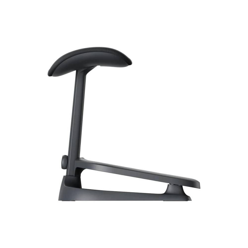 Un reposapiés ergonómico negro con altura ajustable y cojín suave sobre fondo blanco.