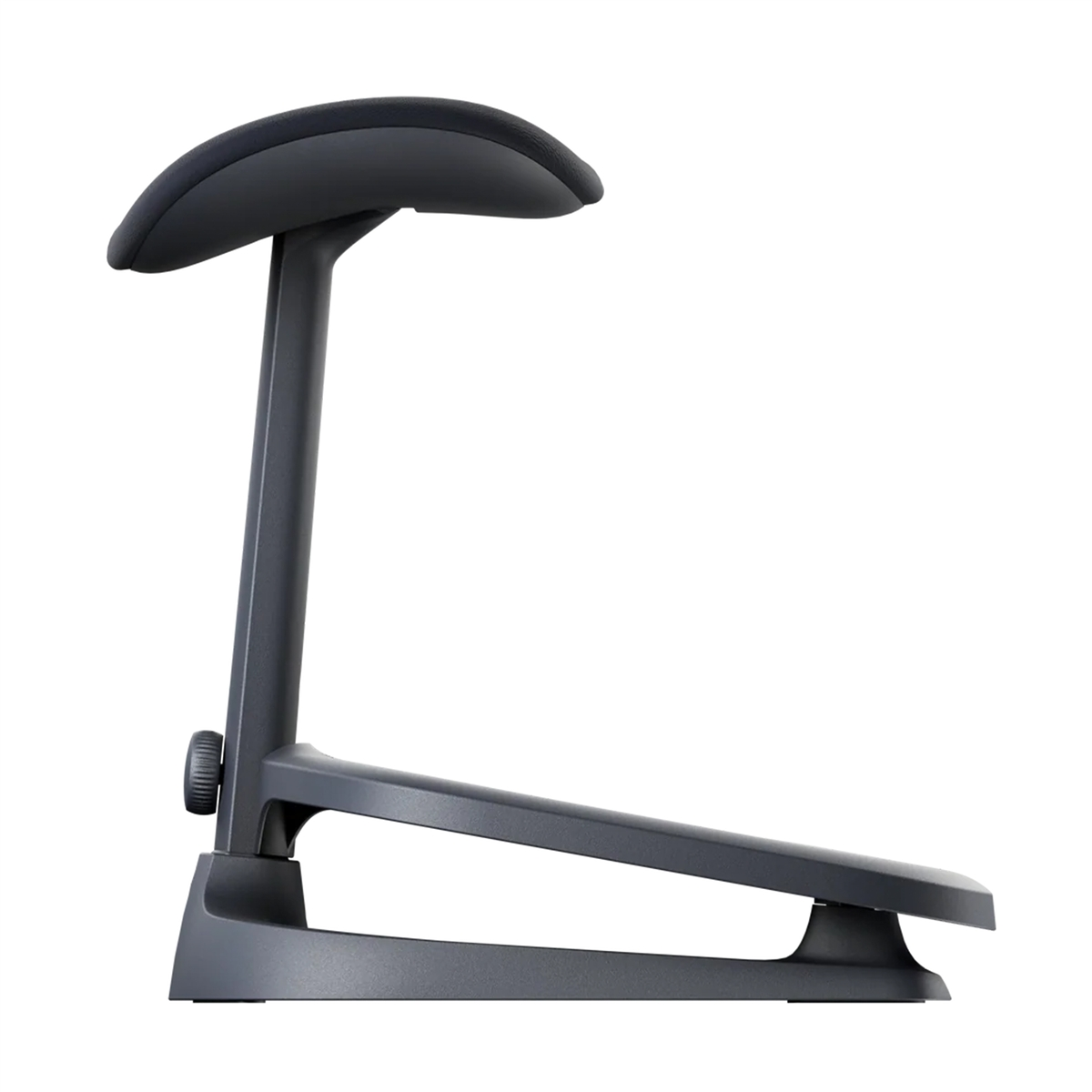 Un soporte ergonómico negro para la cabeza o el brazo con base ajustable sobre fondo blanco.