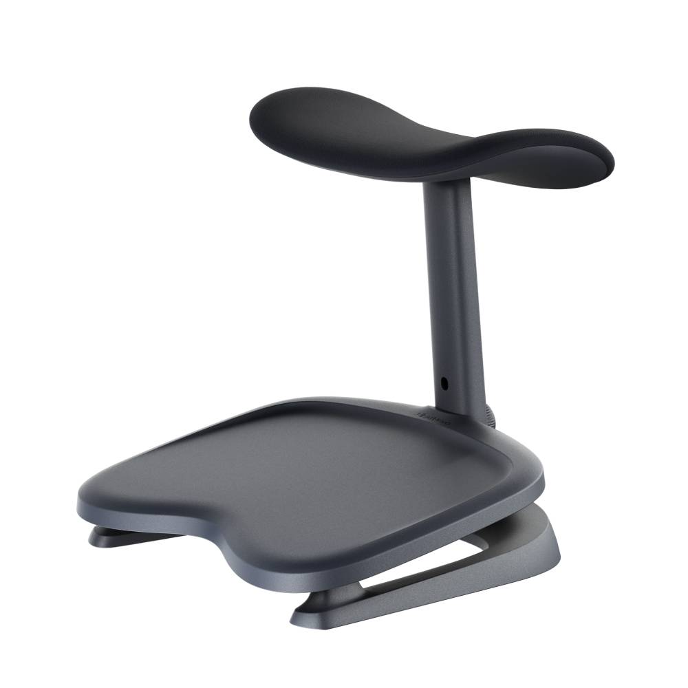 Un taburete reposapiés ergonómico negro con una superficie de apoyo curvada sobre fondo blanco.