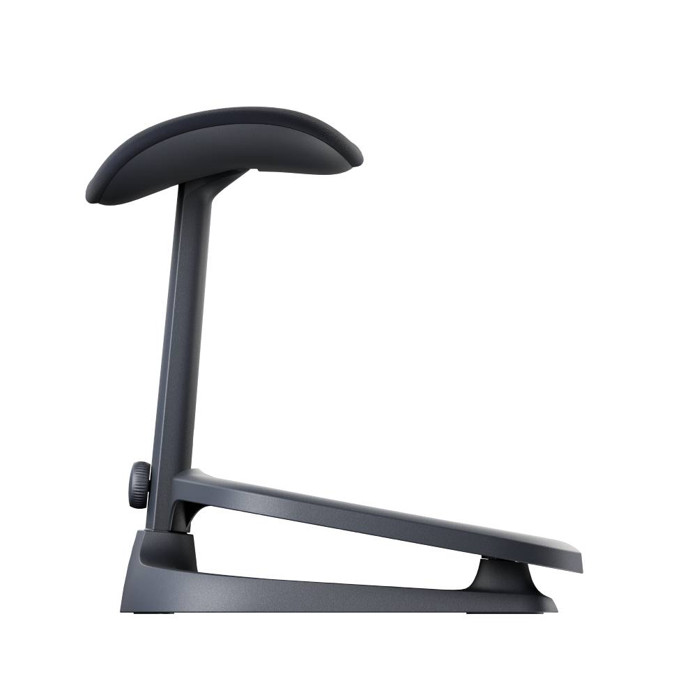 Un taburete ergonómico gris con base plana y asiento ajustable sobre fondo blanco.