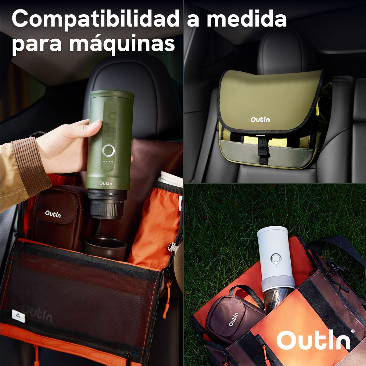 Varios productos Outln en un coche y sobre hierba, incluyendo bolsas y una cafetera.