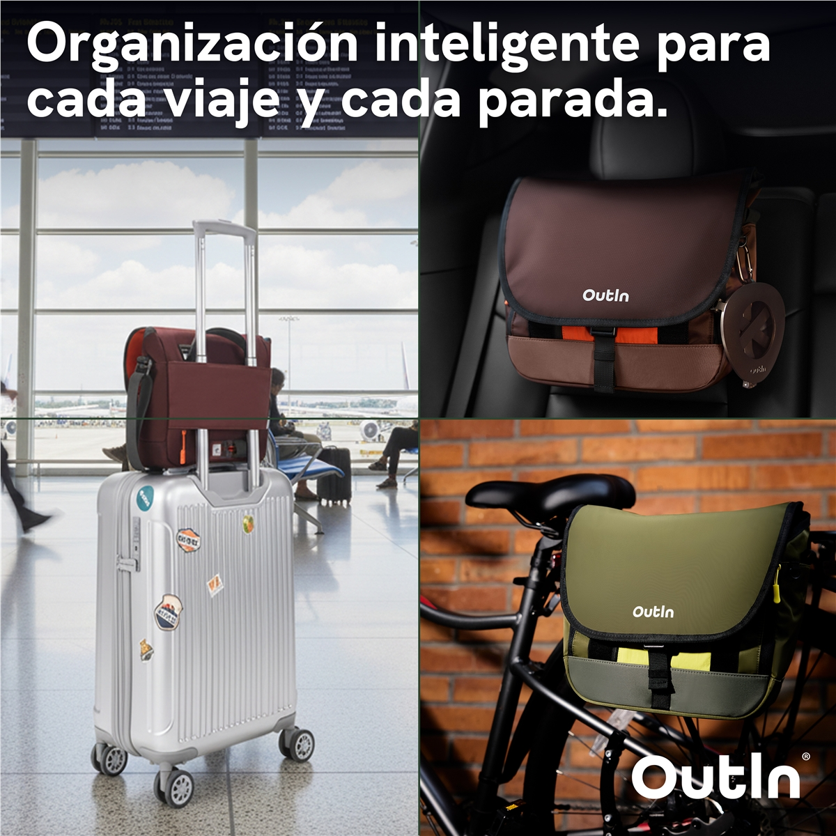 Bolsos Outln en varios entornos de viaje: en una maleta, en el asiento de un coche y en una bicicleta.
