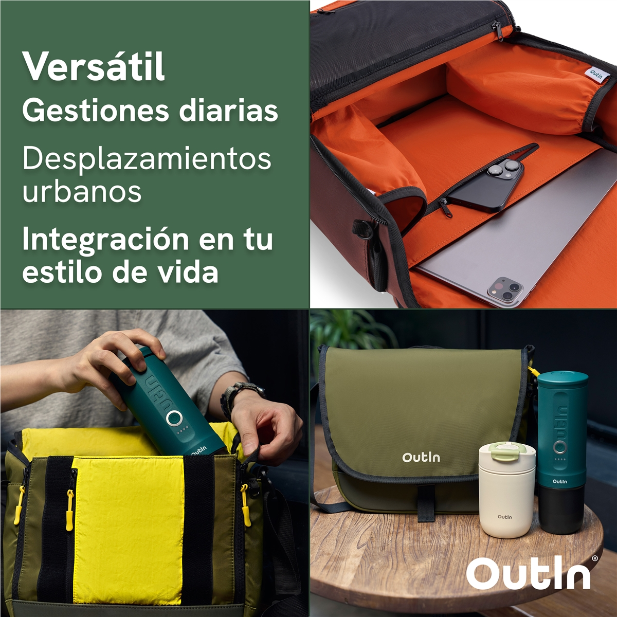 Un collage que muestra bolsos Outln, una laptop, teléfono y tazas de viaje en cuatro paneles.