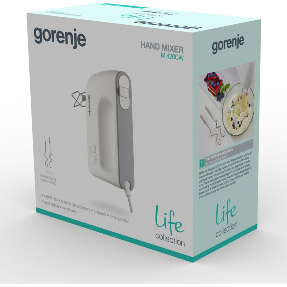 Eine weiße und graue Gorenje Handmixer-Produktverpackung auf weißem Hintergrund.