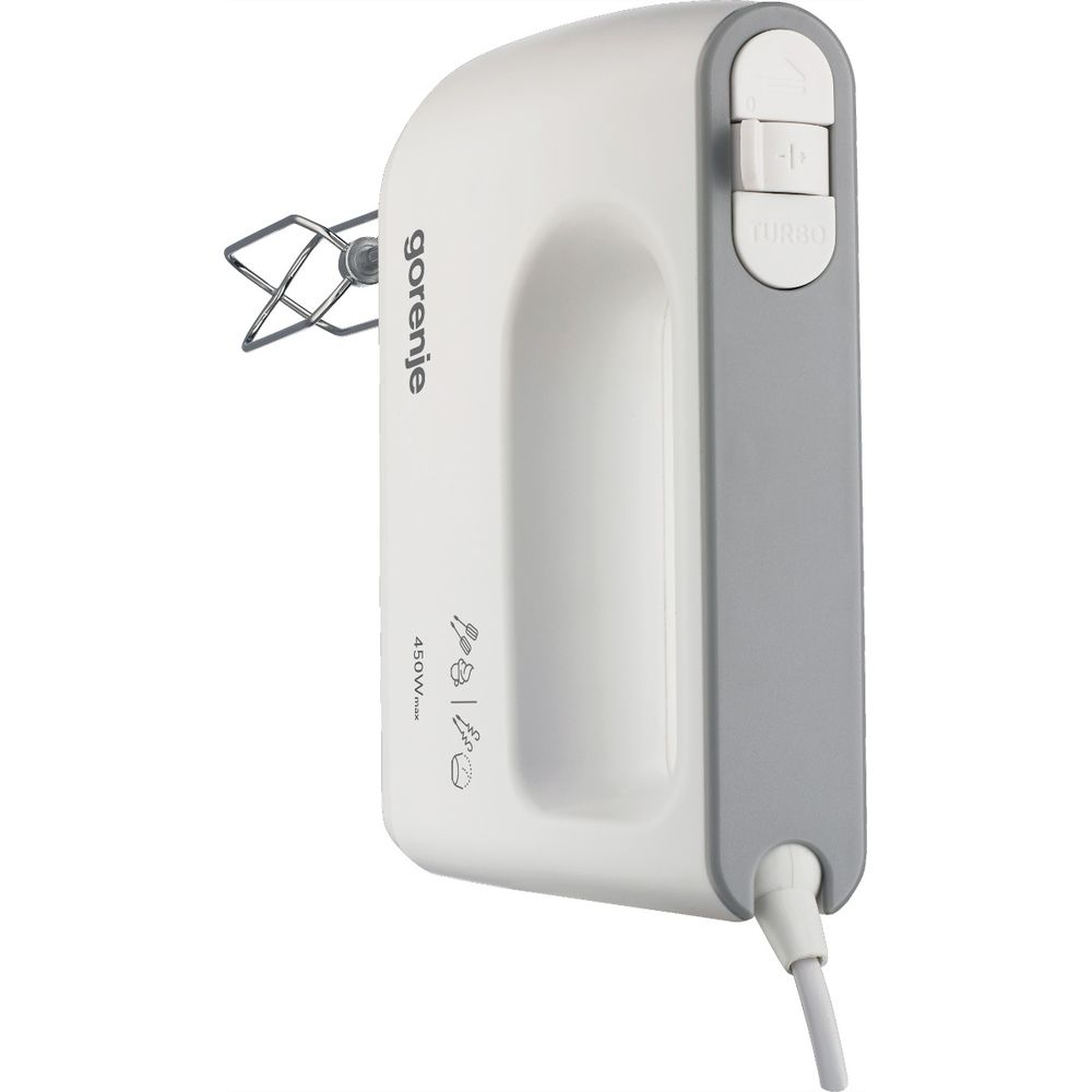 Ein weiß-grauer Gorenje Handmixer mit Netzkabel vor weißem Hintergrund.