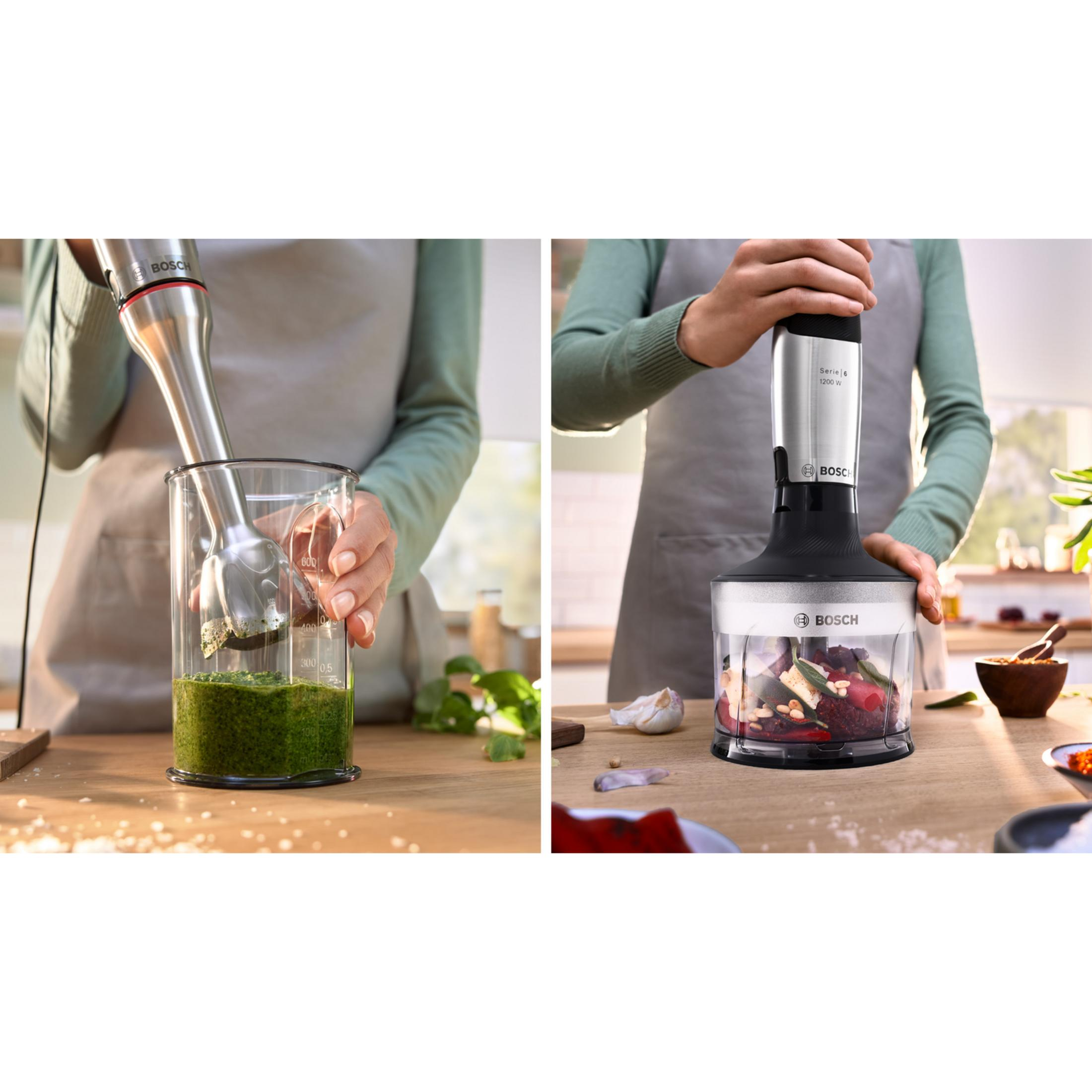 Osoba używa blendera ręcznego Bosch do przygotowywania pesto i siekania warzyw.