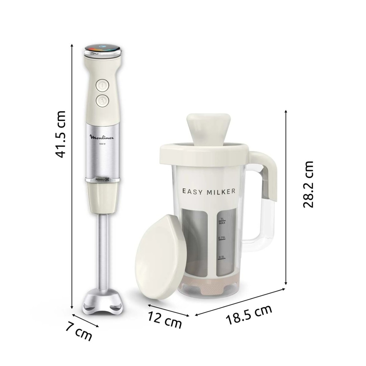 Frullatore ad immersione beige Moulinex ed Easy Milker con dimensioni.
