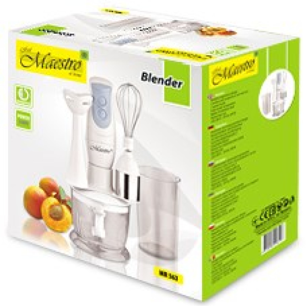 Confezione di un frullatore a immersione verde Maestro con accessori e frutta.