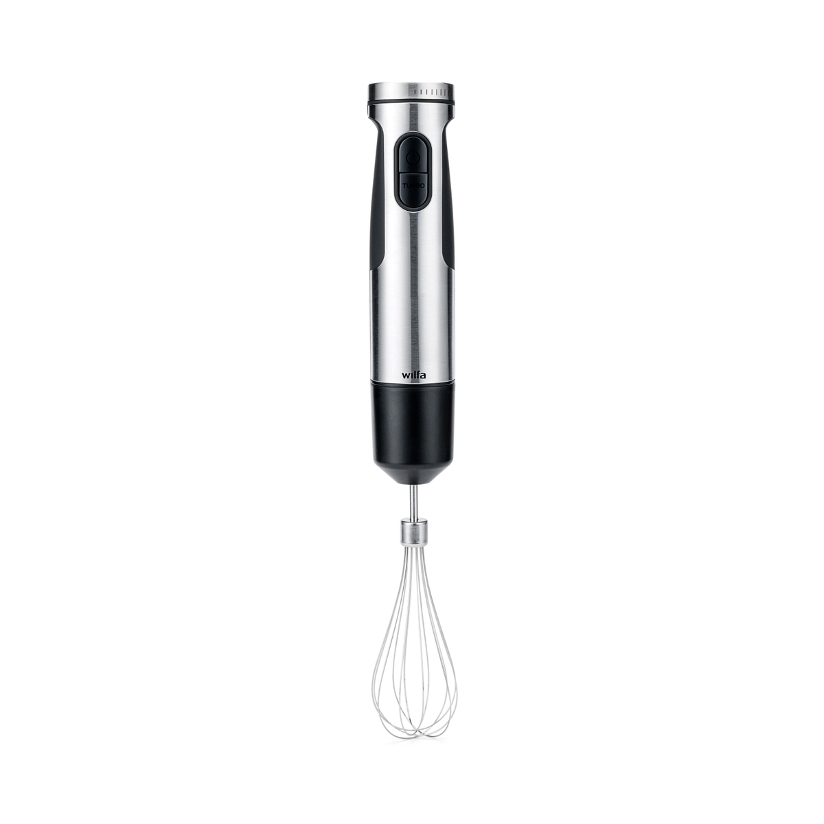 Un minipimer argento e nero con accessorio frusta su sfondo bianco.