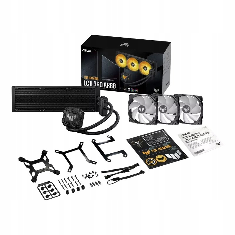 ASUS TUF Gaming LC II 360 ARGB CPU-Kühler mit Lüftern, Radiator, Montagehalterungen, Kabeln und Handbuch.