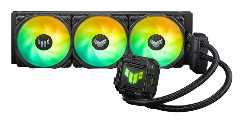 Schwarzer CPU-Wasserkühler mit Dreifach-Radiator, lebendigen RGB-Lüftern und beleuchtetem Pumpenblock.