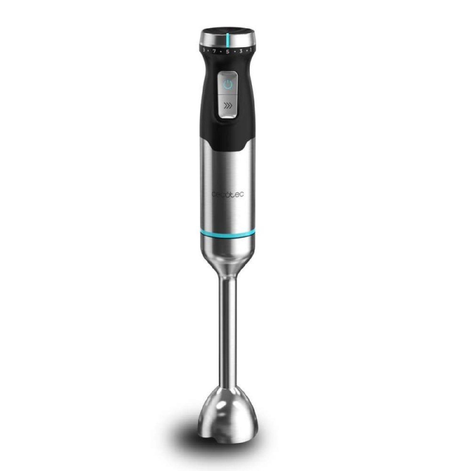Un minipimer argentato e nero con dettagli luminosi blu su sfondo bianco.
