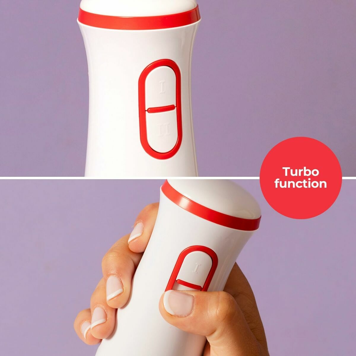 Frullatore ad immersione bianco con dettagli rossi su sfondo viola.