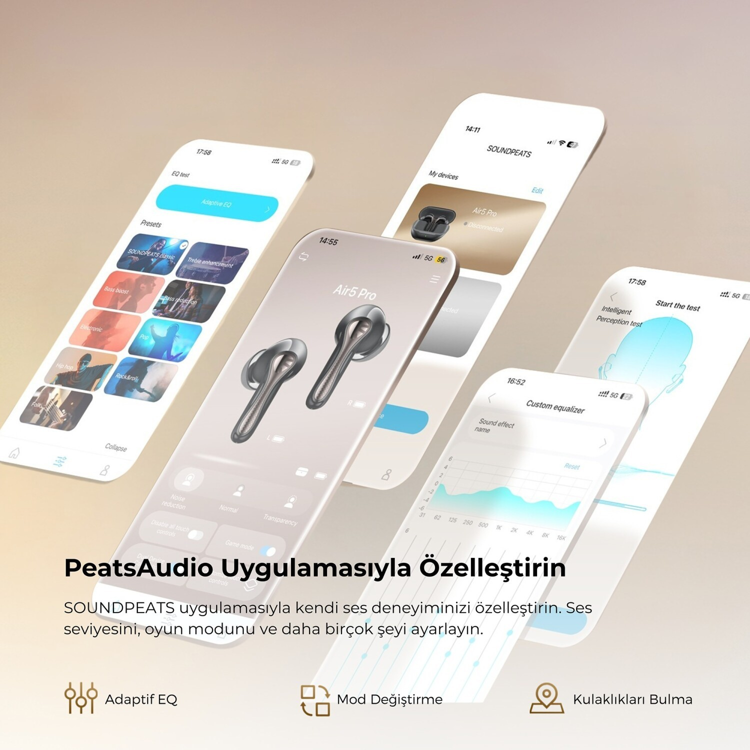 Smartphones flotantes muestran una aplicación de música con ecualizador e imágenes de auriculares.