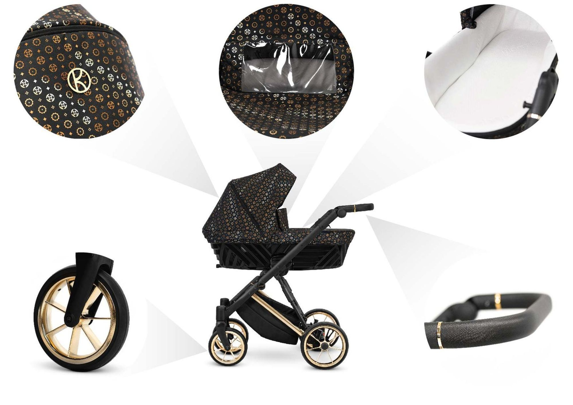 Ein schwarz-goldener Kinderwagen mit Detailaufnahmen von Rädern, Verdeck, Griff und Wanneninneren.