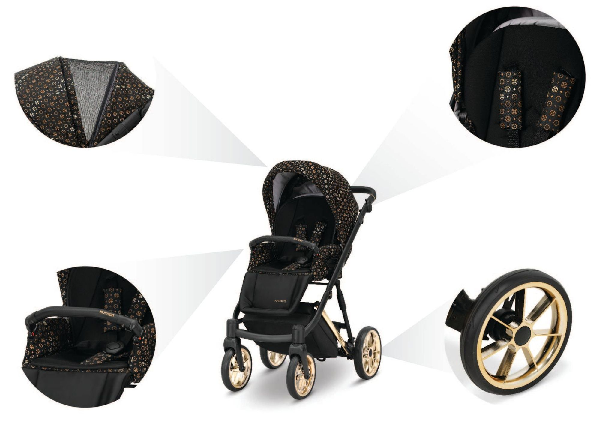 Luxuriöser Kinderwagen mit gold-schwarzem Muster, schwarzen Rahmen und goldenen Speichenrädern, mit Detailansichten.