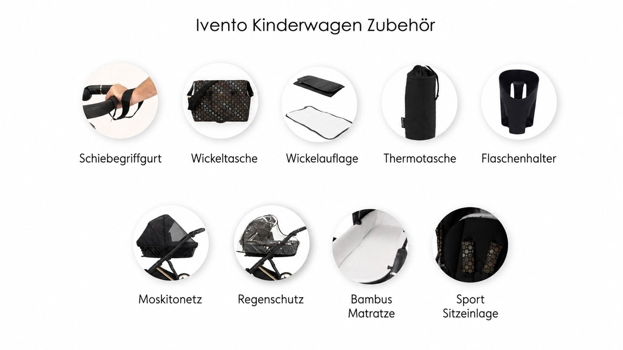 Übersicht von Ivento Kinderwagen Zubehör wie Wickeltasche, Regenschutz und Moskitonetz in Kreisen dargestellt.