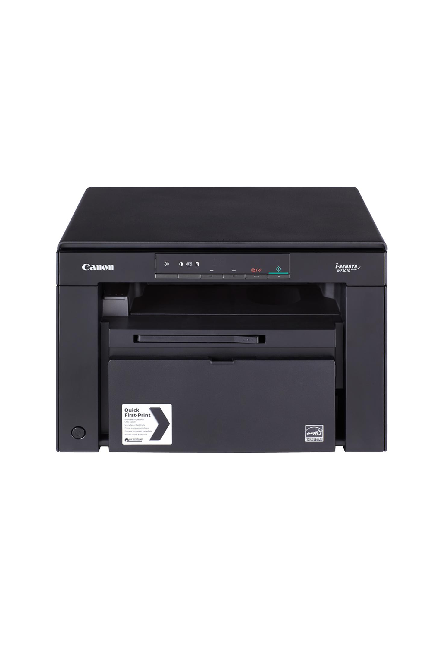 Stampante laser multifunzione nera Canon i-SENSYS MF3010 su sfondo bianco.